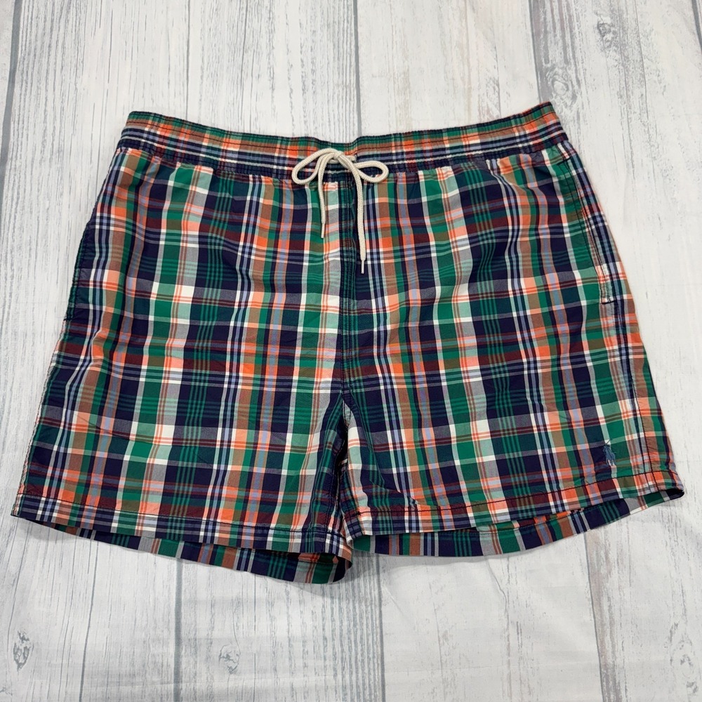 VTG Polo Ralph Lauren Bathing Suit L Swim Trunks Blue Green Plaid Mesh Mens Pony